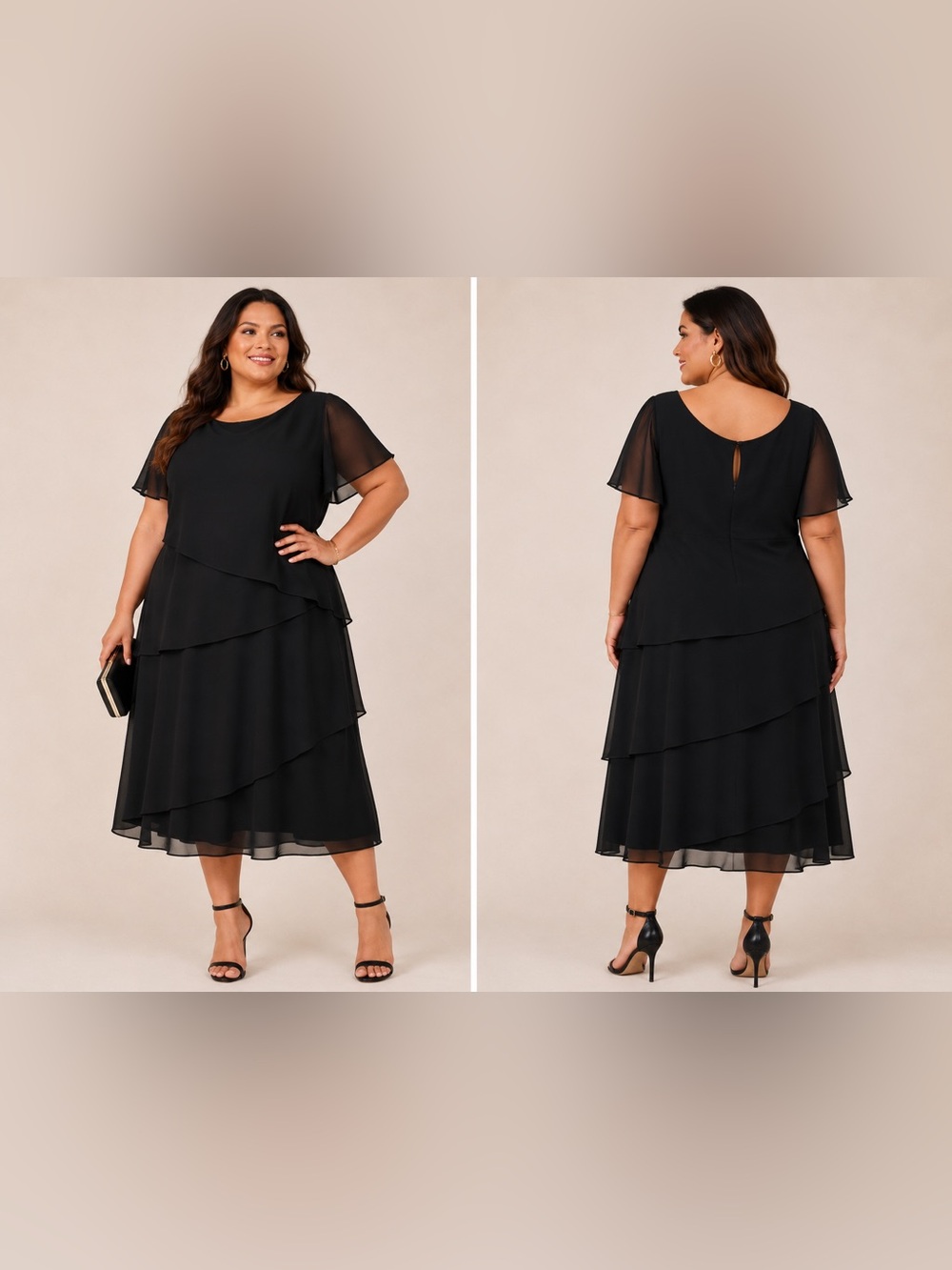 Plus Size Black Chiffon Layered Midi Dress 22W Elegant Formal